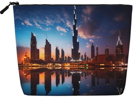 QAZWZML Dubai Sidewinder Tower Printed single layer faux linen cosmetic bag portable zippered cosmetic bag travel accessory