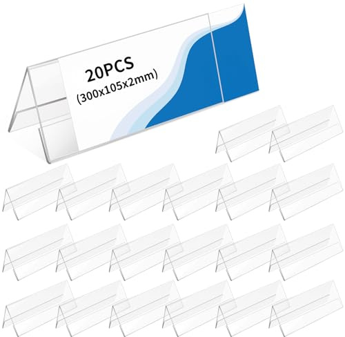 Swawis 20 stycken namnskyltar akryl 30 x 10,5 cm transparent bordsstativ namnskylt takform uppställning akryl etiketthållare för konferens bröllop skrivbord