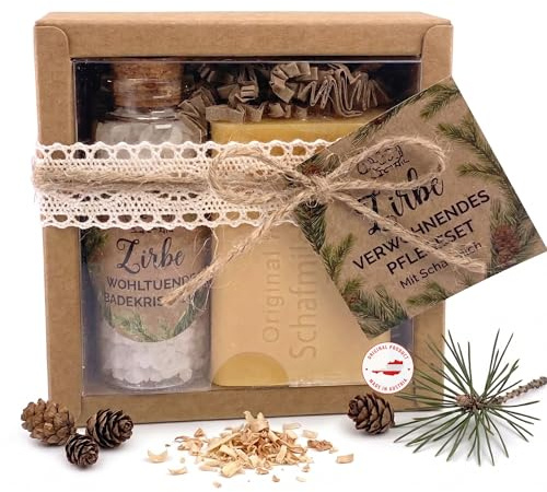 Coffret cadeau 2 pièces « Wohlfühlzeit » en pin - Savon au lait de brebis 100 g et sel de bain 40 g dans un verre avec liège - Coffret cadeau décoratif avec parfum de pin - Fabriqué en Autriche - Idée