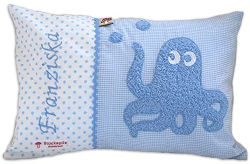 Glückspilz Namenskissen Babykissen I Krake Tintenfisch I mit Namen personalisiert I Geschenk zu Geburt, Taufe oder Geburtstag I Blau
