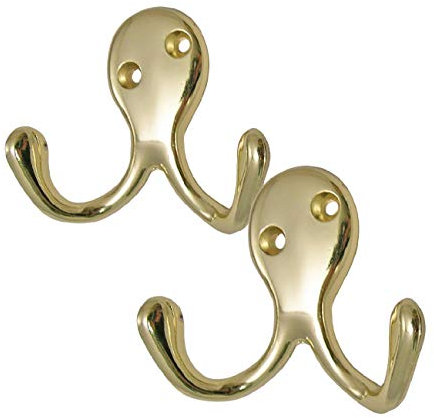 4 Pack of Brass Double Coat Hooks Door & Wall Robe Dress Garment Hangers