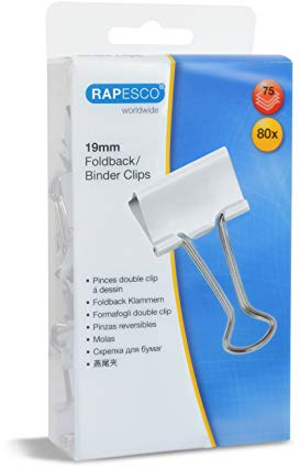 Rapesco 1493 19 mm Foldback Clips, White, Pack of 80