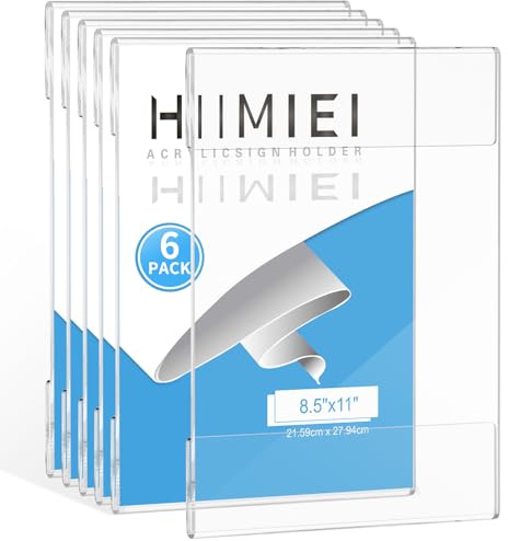 HIIMIEI Acrylic Sign Holder 8.5 x 11 Wall Mounted with Double Sided Tape, 8 1/2 x 11 Clear Plastic Frame for Office, Home, Store, and Restaurant No Drilling (6 Pack)