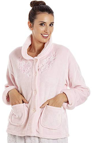 Camille Womens Supersoft Fleece Bed Jacket | Luxury Collared Warm Sleep Coat | Button Up & Long Sleeved | Warm & Cosy All Night Long | Autumn or Winter Wear Over Pyjama Top | Floral Pink 18-20
