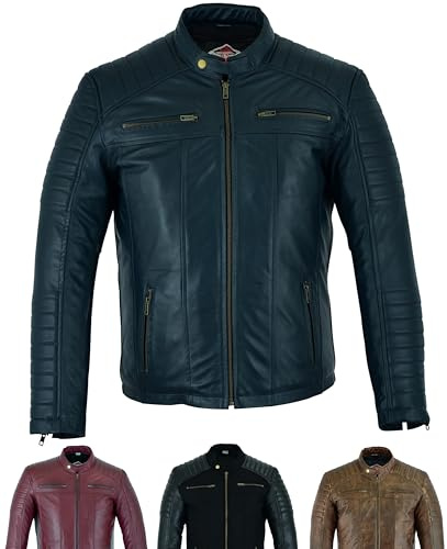 Texpeed Giacca di pelle casual da uomo - Estate/invernale Soft Touch autentica vintage pelle di montone Biker in vera pelle stile motociclista - Blu - M
