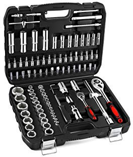 XHTT 94 Piece Tools For Mechanics,Metric And Standard 1/4,1/2 Socket Set,And Ratchet Set,Universal Joint,Extension Bars And Quick Release Reversible Ratchet Wrench,Plastic Toolbox Storage.