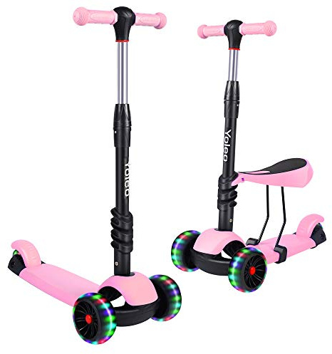 YOLEO 3-in-1 Children's Scooter with Removable Seat, LED Large Wheels, Height Adjustable Handlebar for Toddlers, Boys and Girls for Aged 2+