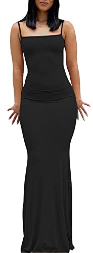 Felcia Women Spaghetti Strap Sleeveless Long Dress Solid Color Bodycon Fish Tail Dress Party Evening Maxi Dress (Black, L)