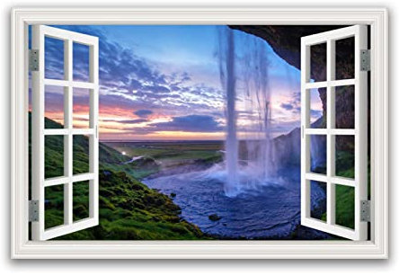 Fausse Fenêtre Tableaux Panoramique sur Toile-Cascade de montagnes vertes coucher de soleil Fenetre Vue 3D Paysage Peinture Image Art Mural-Impression nature sur toile 40x60cm(16x24in)sans cadre