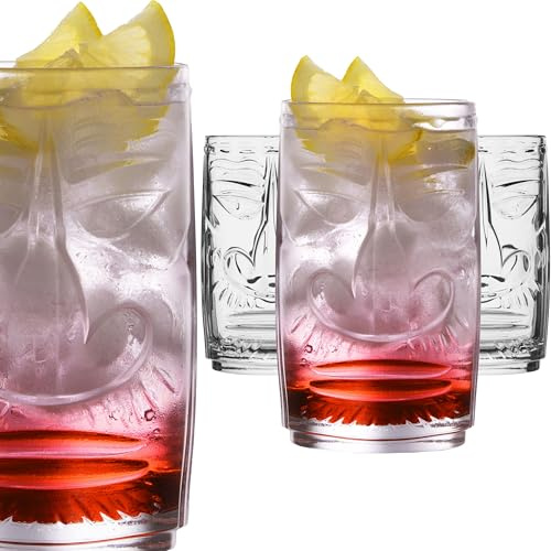 PLATINUX Tiki Glas Set 4-deligt i glas 350 ml (max 450 ml) Cocktailglas Longdrinkglas Hawaiianska dricksglas Runda