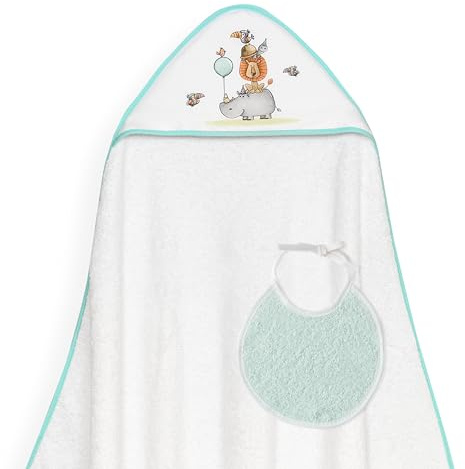Interbaby - Capa de Baño Bebe Blanco/Verde + Babero | Toalla Bebe con Capucha 100% Algodón, 100x100cm, Unisex | Suave, Cómoda, Ideal Recién Nacidos, Bebes y Niños Pequeños | Diseño Rino-leon Estampado