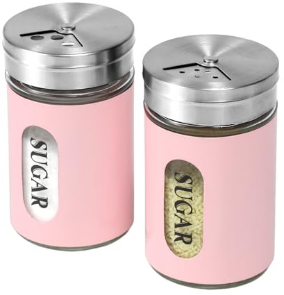 STJKBDFC Sugar Shaker Duster Stainless Steel and Glass Set with Adjustable Pour Holes Cinnamon Shaker For Coffee Bar,set of 2 (Pink)
