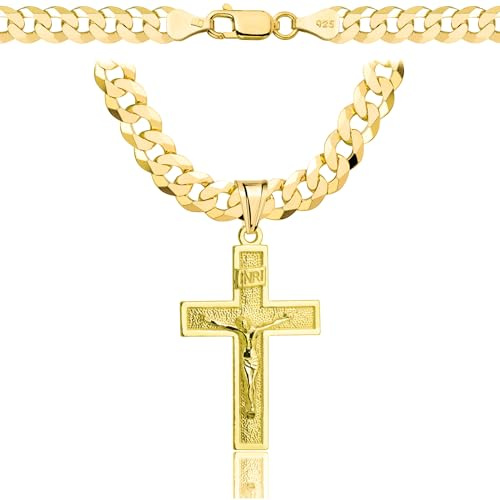 AMAR goldketten herren kreuz 585, Kette Herren 925/585 - goldkette 585 massiv Kreuzkette - Halskette, dicke 6,5 mm Panzerung, vergoldetes Silber