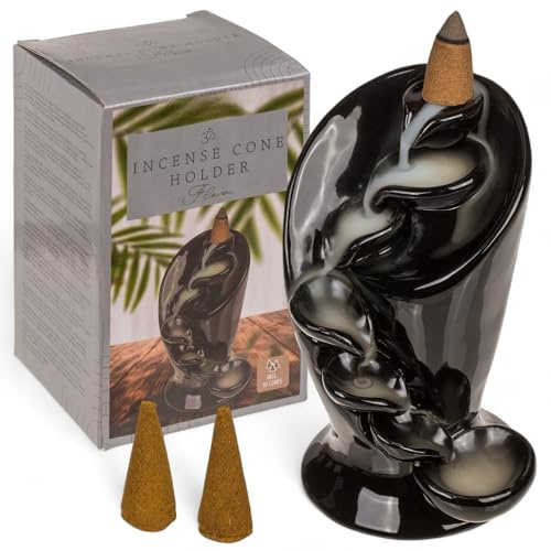 MIJOMA Supporto per coni di incenso in ceramica nera, supporto per coni di incenso a cascata, supporto per bruciatore di incenso, contenitore per incenso spirituale, relax e meditazione (flusso, 12,5