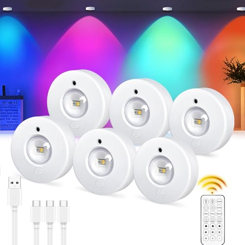 Under Cabinet Kitchen Lights Rechargeable Wireless Puck Lights with Remote, RGB Color Changing Battery Operated LED Dimmable Push Lights Round Stick on Wall Display Shelf Cupboard with Timer 6 Pack