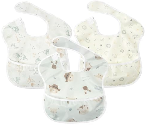 Little Dimsum 3 pcs Bavoir Bébé Imperméable avec Poche, Réglable pour Manger 6 Mois à 3 Ans