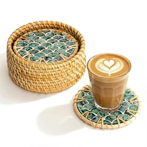 JUNGLE CULTURE Lot de 6 Dessous de Verre Ronds en Nacre pour Boissons avec Support • Fait à la Main • Articles ménagers durables • Table Basse, Bar Tiki, Tasses, Verres, Tasses • Coastal Boho