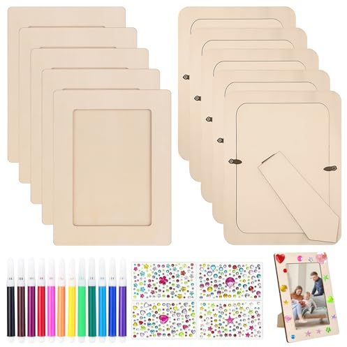LEKEFETO Set di 10 cornici per foto in legno, set fai da te con pietre glitterate e pennello colorato, cornice in legno, cornice fai da te per bambini, per decorazione matrimonio