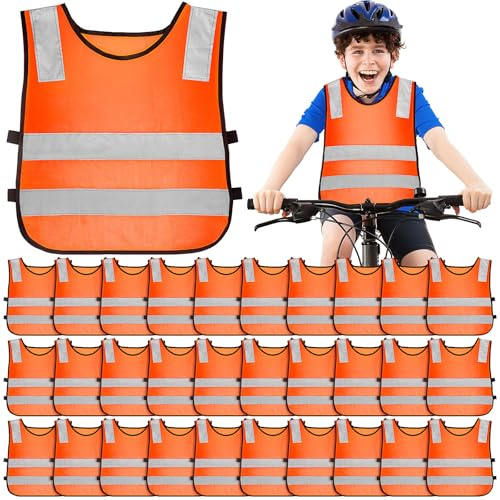 30 Pack Hi Vis Vests for Kids – Neon Orange Children High Visibility Reflective Safety Waistcoats, Bulk Set for School Trips, Cycling, Sports & Running - One Size