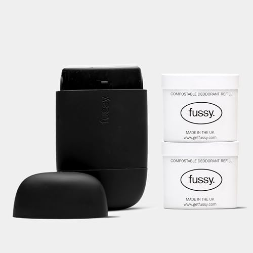 Fussy - Mens Natural Refillable Deodorant - Aluminium Free - 24 Hour Protection - Midnight Black Case & Variety Refill Pack (2 x 40g) - Wide Eyed & Forest Haze - Vegan & Cruelty Free