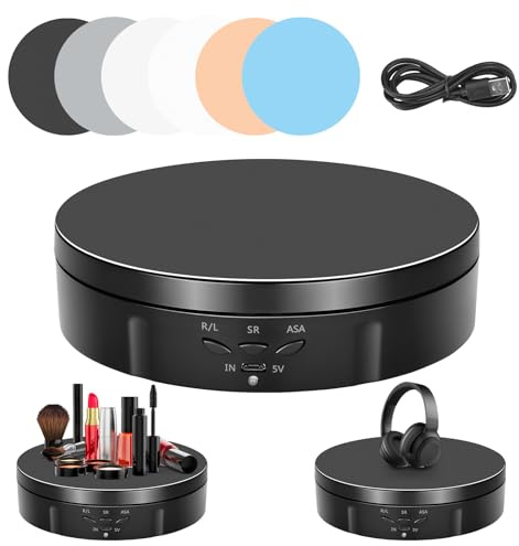 Base Giratorio Eléctrico, 14.6CM Dirección y Velocidad de 360 ​​​​Grados Plato Giratorio para Fotografía,10KG Plataforma Giratoria Recargable Automática con 5 Tableros de Fondo para Exhibir Joyas