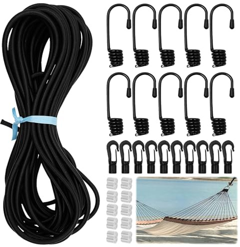 FORYNXHWIN Gummirep 6 mm x 10 m, elastiskt expanderrep, gummisnodd med 10 spiralkrokar, 10 plastkrokar, 10 klämmor, svart spännrep för släpvagnspresenning, camping, segling presenning