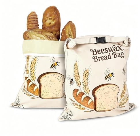 Sukizifa Bivax brödpåsar, set med 2, brödpåsar med bivax i bomull med dragkedja, återanvändbara brödpåsar för att hålla färskt surdegsbröd 43 x 33 cm