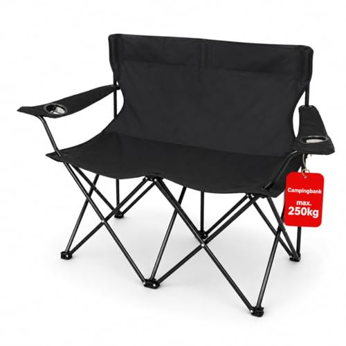 Banc de camping pliable noir - Chaise de camping pour 2 personnes - Pliable - 2 porte-gobelets et sac de transport - Charge maximale : 250 kg - Pour camping et jardin