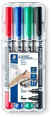 Staedtler Lumocolor duo 348 WP4 permanent marker, 4 Stück in aufstellbarer Staedtler-Box , Schwarz, Blau, Grün, Rot, 1 Packung