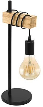 EGLO Tischlampe Townshend, 1 flammige Vintage Tischleuchte im Industrial Design, Retro Lampe, Nachttischlampe aus Stahl und Holz, Farbe: Schwarz, braun, Fassung: E27, inkl. Schalter