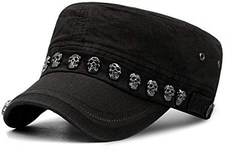 FHHYY Berretto Militare Berretto Militare in Cotone da Uomo Cappellino Piatto Punk Rock Nero da Donna Cappellino da Esercito con Rivetto Teschio Casual Autunno Classico Cappelli da Marinaio Uomo,s