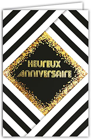 Afie 69-7092 Carte Heureux ANNIVERSAIRE étoiles en Or Doré Brillant - Avec enveloppe - Format fermé 115x170mm ; Fabrication Française ; Noir et blanc ;