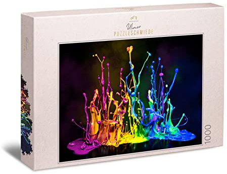 Ulmer Puzzleschmiede - 1000 Teile Puzzle „Bounce & Bass“ - Moderne Fotografie & Farb-Inszenierung als Puzzelmotiv - Bunte Farbe spritzt durch Bass-Schwingungen nach Oben