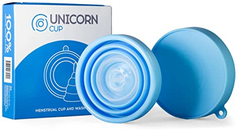 Unicorn Cup Foldable Menstrual Cup & Sterilizer/Carry Case (Blue), Use for up to 12 Hours, Light/Medium/Heavy Flow, Super Soft 100% Medical Grade Silicone, Reusable
