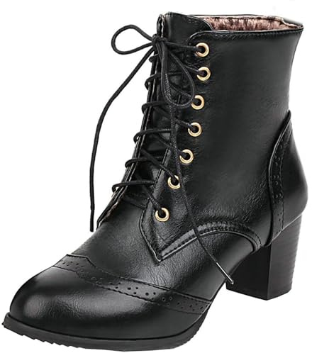 Uniquelly Womens Wingtip Booties Chunky Heel Ankle Boots Lace Up Round Toe Vintage Comfortable Winter Shoes (Black,US8)