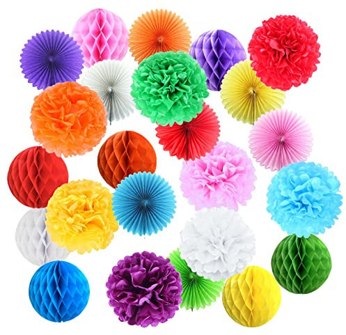 24 Pack Colorful Papers Set Party Decorations, Honeycomb Balls, Paper pom poms, Paper Fans for Birthday Parties, Wedding Decorations, Home Decor, Fiesta or Mexican Party