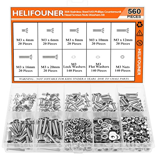 HELIFOUNER 560 Pieces M3 x 4mm /6mm /8mm /10mm /12mm /16mm /20mm, Phillips Countersunk Head Machine Screws, Metric Screws Bolts Washers Nuts Kit, 304 Stainless Steel