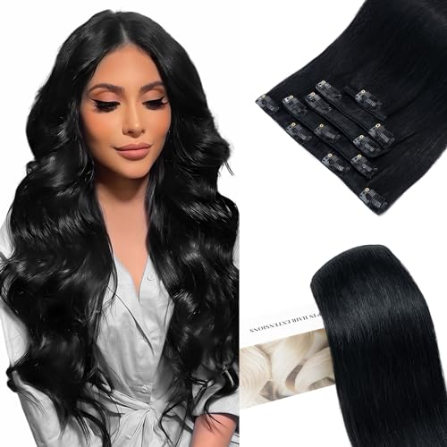 Elailite Clip in Extensions Echthaar, 5 Pcs Remy Haarverlängerung mit 12 Clips, 35cm-60g Glattes Haarteile Natürlich Haarextension für Frauen Damen #1 Schwarz