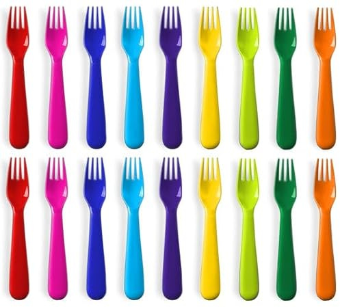 PLASKIDY Plastic Kids Fork Set of 18 -Toddler Forks BPA Free/Dishwasher Safe Reusable Children's Fork Set - Brightly Colored Toddler Forks Cutlery Flatware Set