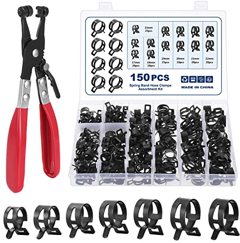 Faankiton 150 Piezas Abrazaderas de Manguera de Resorte Línea de Combustible, 7 Tamaños 15-22mm Clips de Manguera de Primavera, Pinzas de Resorte de Tubo Ajustables con Alicates de Sujeción