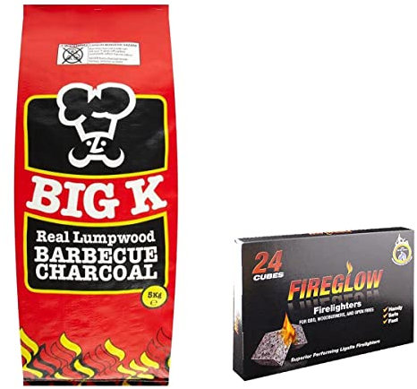 Big K Lumpwood Barbecue Charcoal 5KG BBQ Coal Instant Light Briquettes Charcoal Grill Bags with 24 Cubes Fireglow Firelighters for Outdoor Barbecues, Fire Pit, Camping or Picnics