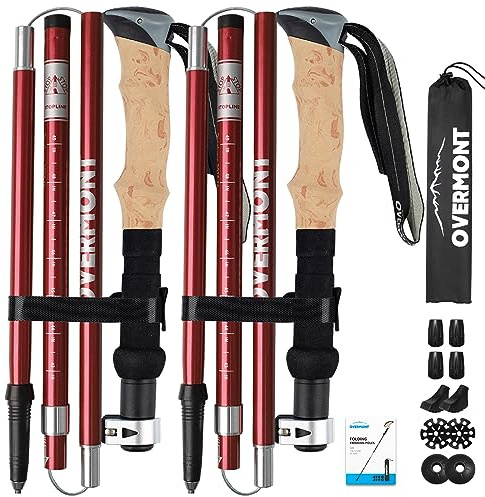 Overmont Bastoni Trekking - Bastoncini da Trekking Pieghevole Regolabile 105-125cm - 1 Paio Ultraleggeri Nordic Walking Bastoni in Alluminio con Manico in Sughero - per Montagna Escursioni Neve