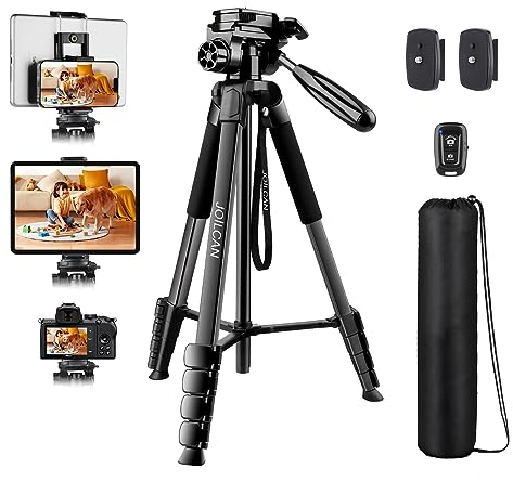 JOILCAN 173cm Tripode Camara, Ligero Tripode para Movil/iPhone/iPad con Cabezal Giratorio Desmontable de 360, Portátil Trípode para Teléfono con Control Remoto & Soporte para Teléfono y Tableta