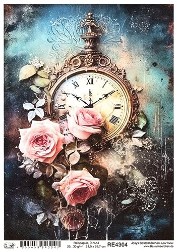Josys Bastelmärchen Reispapier A4 Strohseide Vintage Scrapbooking Blumen Shabby Chic Uhr RE4304