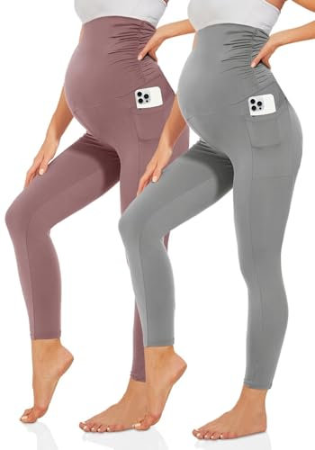 TNNZEET Umstandsleggings Damen Umstandsmode Blickdicht Schwangerschaft Leggings Umstandshose Lang mit Taschen für Yoga(Hautfarbe/Hellgrau,L)