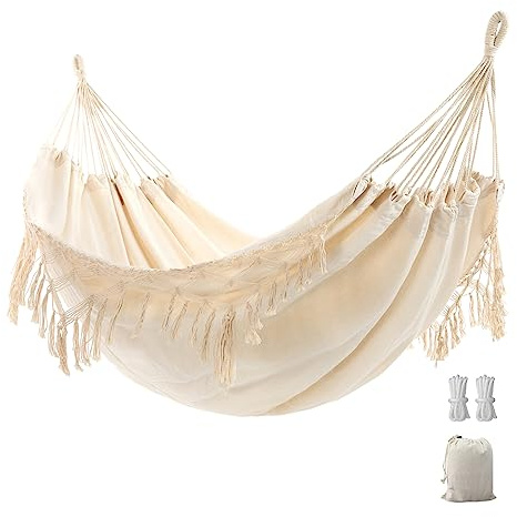 Hamac de Jardin avec Glands élégants Macrame Hammock lit avec Sac de Transport pour Le Patio, Cour, extérieur et intérieur Charge 204kg