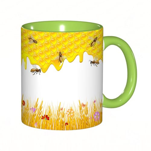 EKLMPS Tazas de Café,Taza de Cerámica para Té y Café,330ml/11oz,Regalos original,Aniversarios,nupical,desayuno,Románticos,Panal de abejas geométrico, colmena y flores de manzanilla, flores de primaver