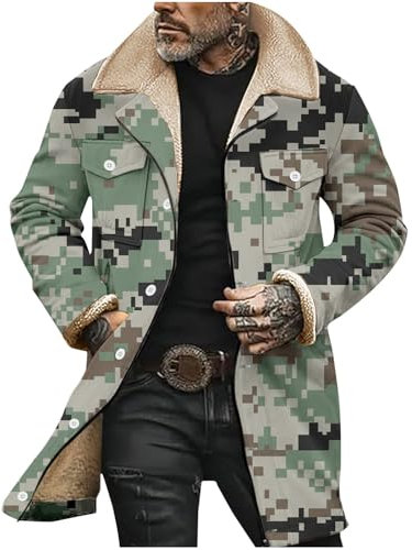 Generisch Men's Spring and Autumn Winter 3D Printing Casual Loose Large Size Long Plus Velvet Warm Button Hidden Zipper Camouflage Coat Cotton Jacket Fahrrad Mantel 26 (AG, XXXXL)