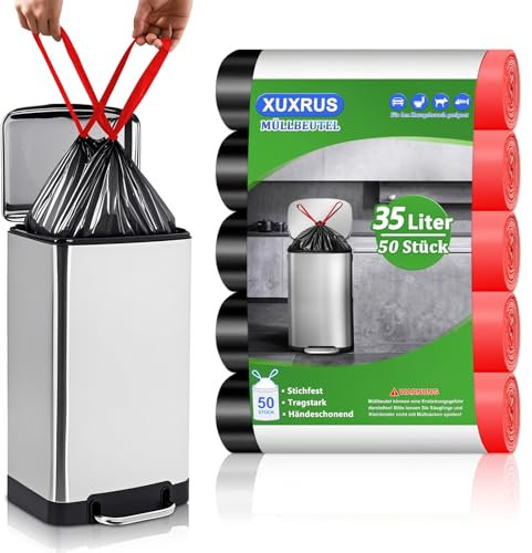 XUXRUS Schwarz Müllbeutel 35L mit Zugband Mülltüten mit Tragegriff Groß Müllsäcke,50 Stück Küchen Abfallsack