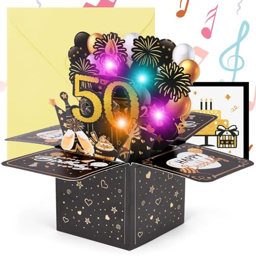 OFFCUP Tarjeta de Felicitación Cumpleaños de 50 Años, Pop Up 3D Tarjeta Emergente de Música con Vela de Luz LED, 50 Tarjeta de Cumpleaños, Como Creativo Regalo a Familias Amigos y Ninos (Negro)